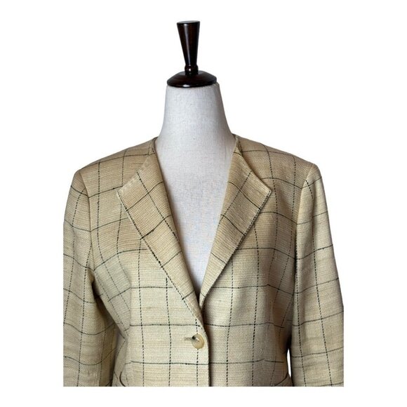 Max Mara Tan And‎ Black Plaid Silk And Linen Blend Two Button Blazer Size 12 - Picture 4 of 13